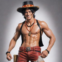 Create an image of Portgas D. Ace from One Piece. With curly black hair, a red beaded necklace, and a black and orange hat, he's often seen smiling. His outfit consists of shorts, open shirt exposing his muscular torso.