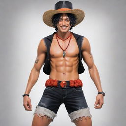 Create an image of Portgas D. Ace from One Piece. With curly black hair, a red beaded necklace, and a black and orange hat, he's often seen smiling. His outfit consists of shorts, open shirt exposing his muscular torso.