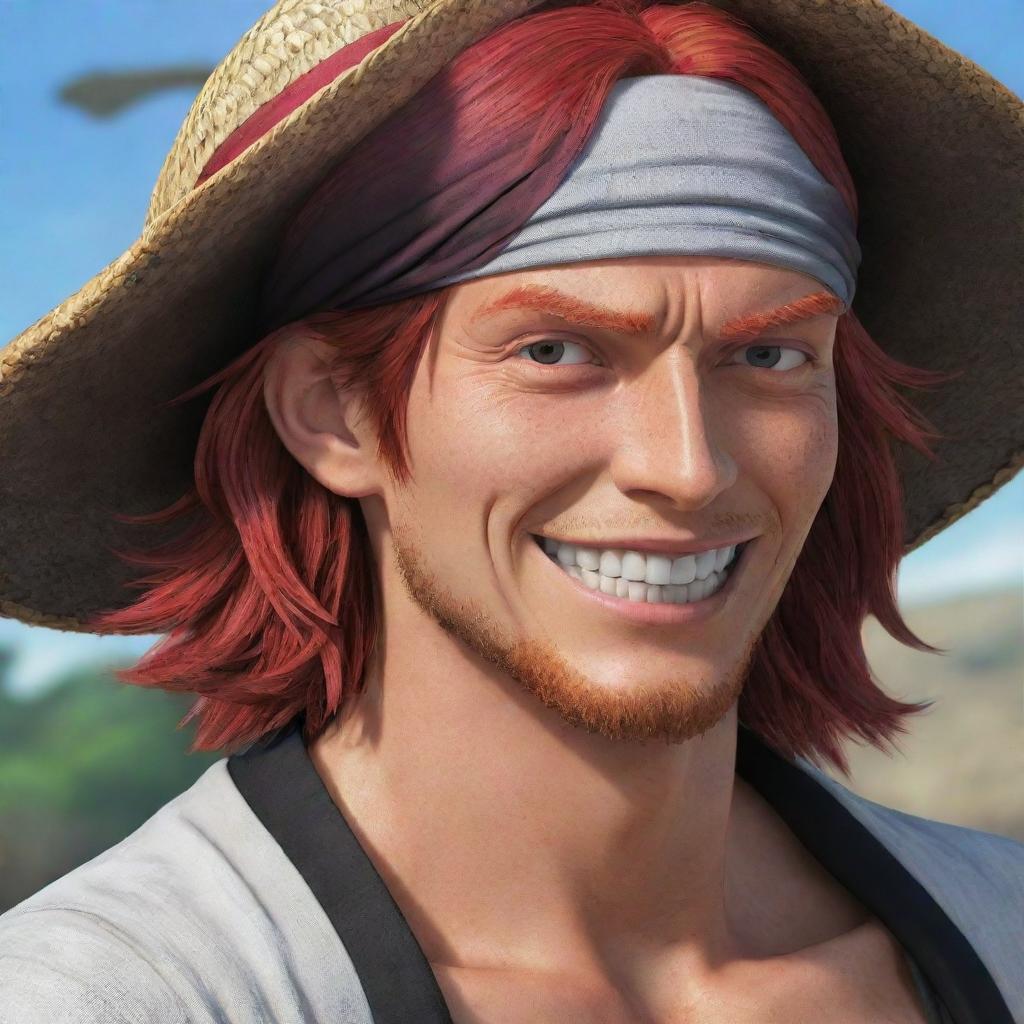 Generate a visually striking image of Red-Haired Shanks from One Piece. He is a handsome pirate with red hair, typically seen wearing a black cape over a white shirt, and a straw hat. He has a friendly smile and carries a sword.