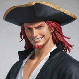 Generate a visually striking image of Red-Haired Shanks from One Piece. He is a handsome pirate with red hair, typically seen wearing a black cape over a white shirt, and a straw hat. He has a friendly smile and carries a sword.