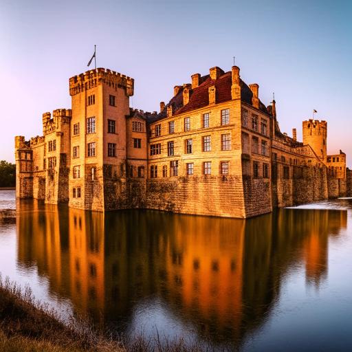 A majestic, medieval castle with hulking stone walls, turrets piercing the sky, surrounded by a serene moat under the pure, shimmering light of the midday sun.