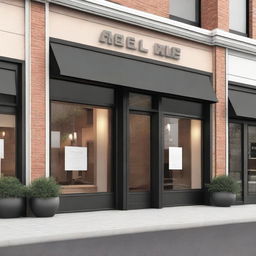 A detailed and realistic architectural rendering of a storefront facade, showcasing the design and aesthetic elements of the entrance