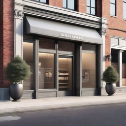 A detailed and realistic architectural rendering of a storefront facade, showcasing the design and aesthetic elements of the entrance