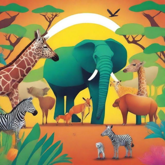 A poster inspired by Africa featuring various animals talking to each other