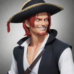 Generate a visually striking image of Red-Haired Shanks from One Piece. He is a handsome pirate with red hair, typically seen wearing a black cape over a white shirt, and a straw hat. He has a friendly smile and carries a sword.