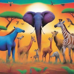 A poster inspired by Africa featuring various animals talking to each other