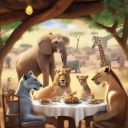 A group of animals in the African savanna sitting in a restaurant, talking to each other