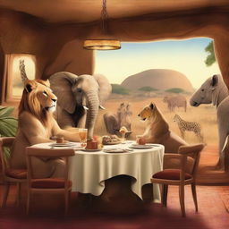 A group of animals in the African savanna sitting in a restaurant, talking to each other