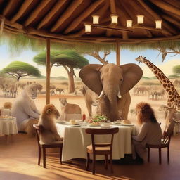 A group of animals in the African savanna sitting in a restaurant, talking to each other