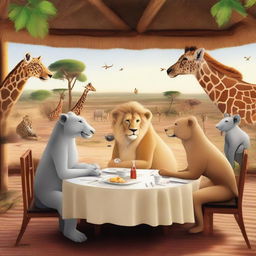 A group of animals in the African savanna sitting in a restaurant, talking to each other