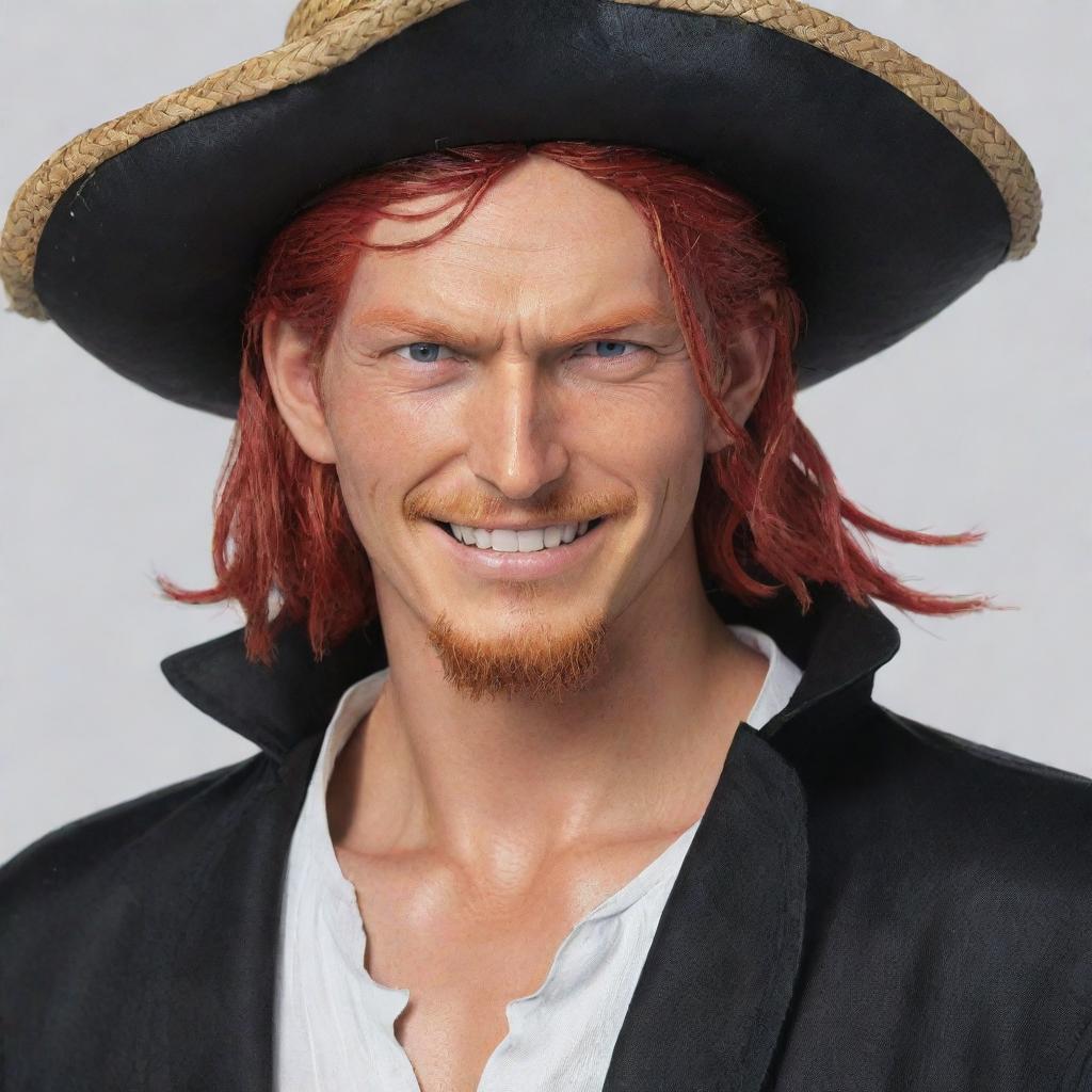 Generate a visually striking image of Red-Haired Shanks from One Piece. He is a handsome pirate with red hair, typically seen wearing a black cape over a white shirt, and a straw hat. He has a friendly smile and carries a sword.