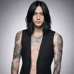 Create a detailed image of Uta from Tokyo Ghoul, a fashionable ghoul with unique tattoos, long black hair, and often seen in a trendy outfit with a crafty smile on his face.