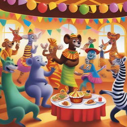 A lively scene of African animals dressed in colorful carnival costumes, celebrating and having a party inside a vibrant restaurant