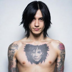 Create a detailed image of Uta from Tokyo Ghoul, a fashionable ghoul with unique tattoos, long black hair, and often seen in a trendy outfit with a crafty smile on his face.