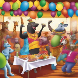 A lively scene of African animals dressed in colorful carnival costumes, celebrating and having a party inside a vibrant restaurant