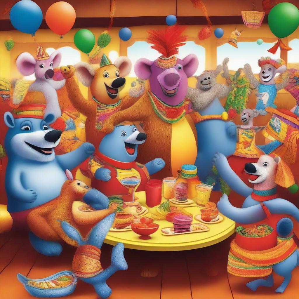 A lively scene of African animals dressed in colorful carnival costumes, celebrating and having a party inside a vibrant restaurant