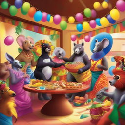 A lively scene of African animals dressed in colorful carnival costumes, celebrating and having a party inside a vibrant restaurant