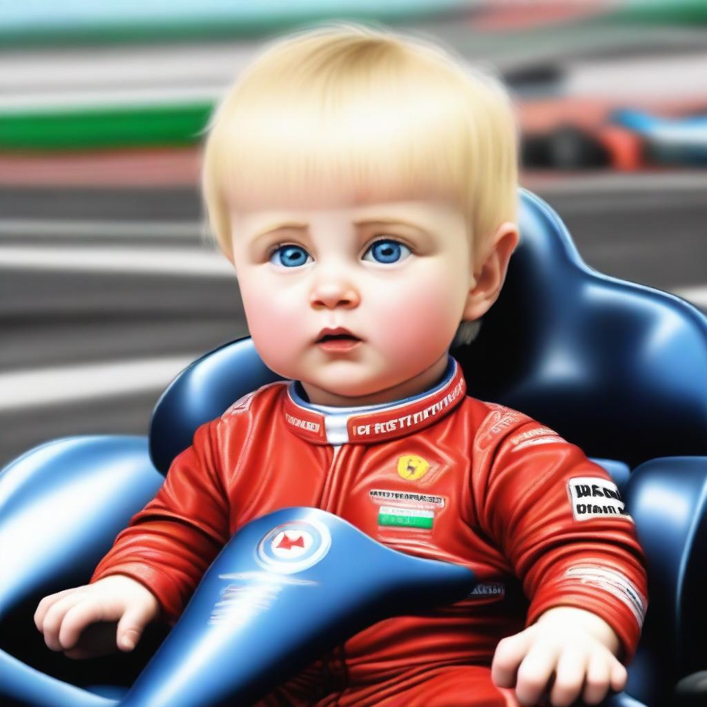 A realistic depiction of a blonde baby with blue eyes, a mix between Michael Schumacher and Fernando Alonso