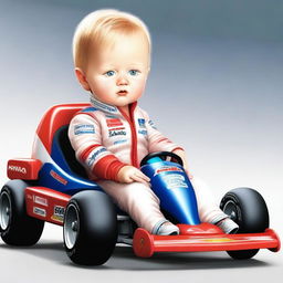 A realistic depiction of a blonde baby with blue eyes, a mix between Michael Schumacher and Fernando Alonso