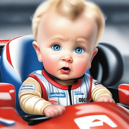 A realistic depiction of a blonde baby with blue eyes, a mix between Michael Schumacher and Fernando Alonso