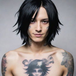 Create a detailed image of Uta from Tokyo Ghoul, a fashionable ghoul with unique tattoos, long black hair, and often seen in a trendy outfit with a crafty smile on his face.