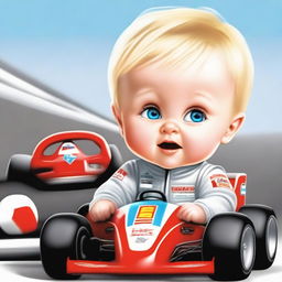 A realistic depiction of a blonde baby with blue eyes, a mix between Michael Schumacher and Fernando Alonso