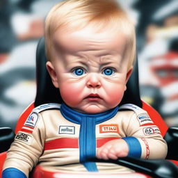 A highly realistic depiction of a blonde baby with blue eyes, combining features of Michael Schumacher and Fernando Alonso