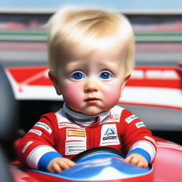 A highly realistic depiction of a blonde baby with blue eyes, combining features of Michael Schumacher and Fernando Alonso