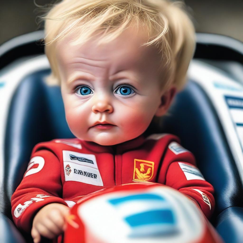 A highly realistic depiction of a blonde baby with blue eyes, combining features of Michael Schumacher and Fernando Alonso