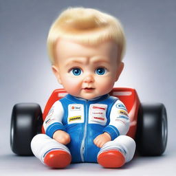 A highly realistic depiction of a blonde baby with blue eyes, combining features of Michael Schumacher and Fernando Alonso