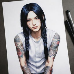 Create a detailed image of Uta from Tokyo Ghoul, a fashionable ghoul with unique tattoos, long black hair, and often seen in a trendy outfit with a crafty smile on his face.