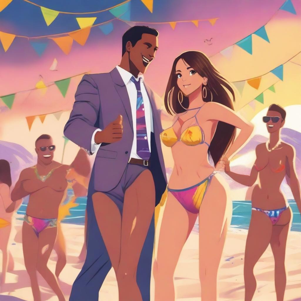 A girl in a bikini dancing with a person in a suit at a beach party