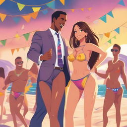 A girl in a bikini dancing with a person in a suit at a beach party