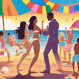 A girl in a bikini dancing with a person in a suit at a beach party