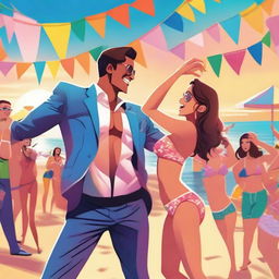 A girl in a bikini dancing with a person in a suit at a beach party