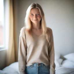 A blonde girl with blue eyes is getting dressed in a cozy bedroom