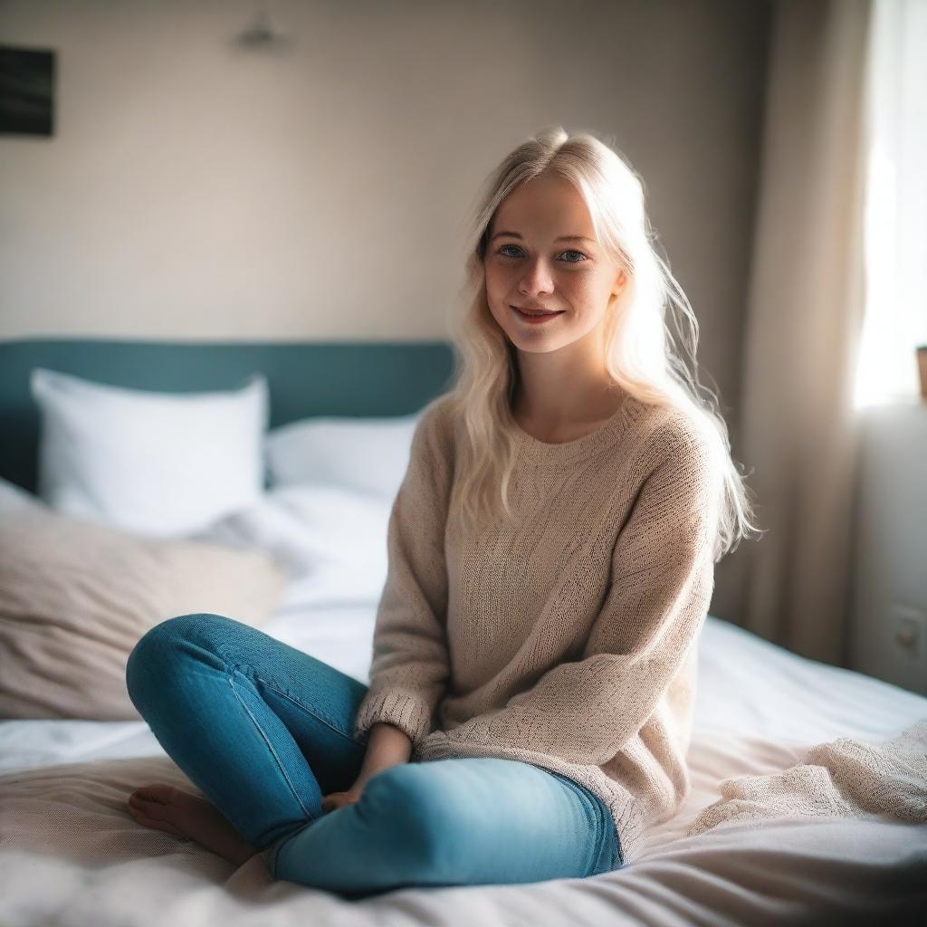 A blonde girl with blue eyes is getting dressed in a cozy bedroom