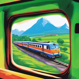 A detailed and vibrant image of an Indian Railway train traveling through the countryside