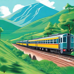 A detailed and vibrant image of an Indian Railway train traveling through the countryside