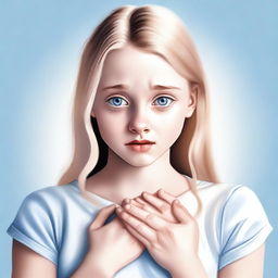 A blonde girl with blue eyes is shown with both hands gripping her chest