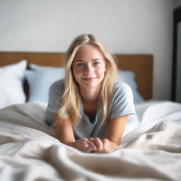 A blonde girl with blue eyes is laying down on a bed with her feet sticking in the air