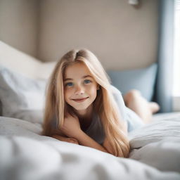 A blonde girl with blue eyes is laying down on a bed with her feet sticking in the air