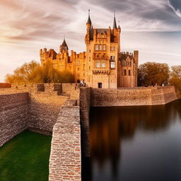 A majestic, medieval castle with hulking stone walls, turrets piercing the sky, surrounded by a serene moat under the pure, shimmering light of the midday sun.