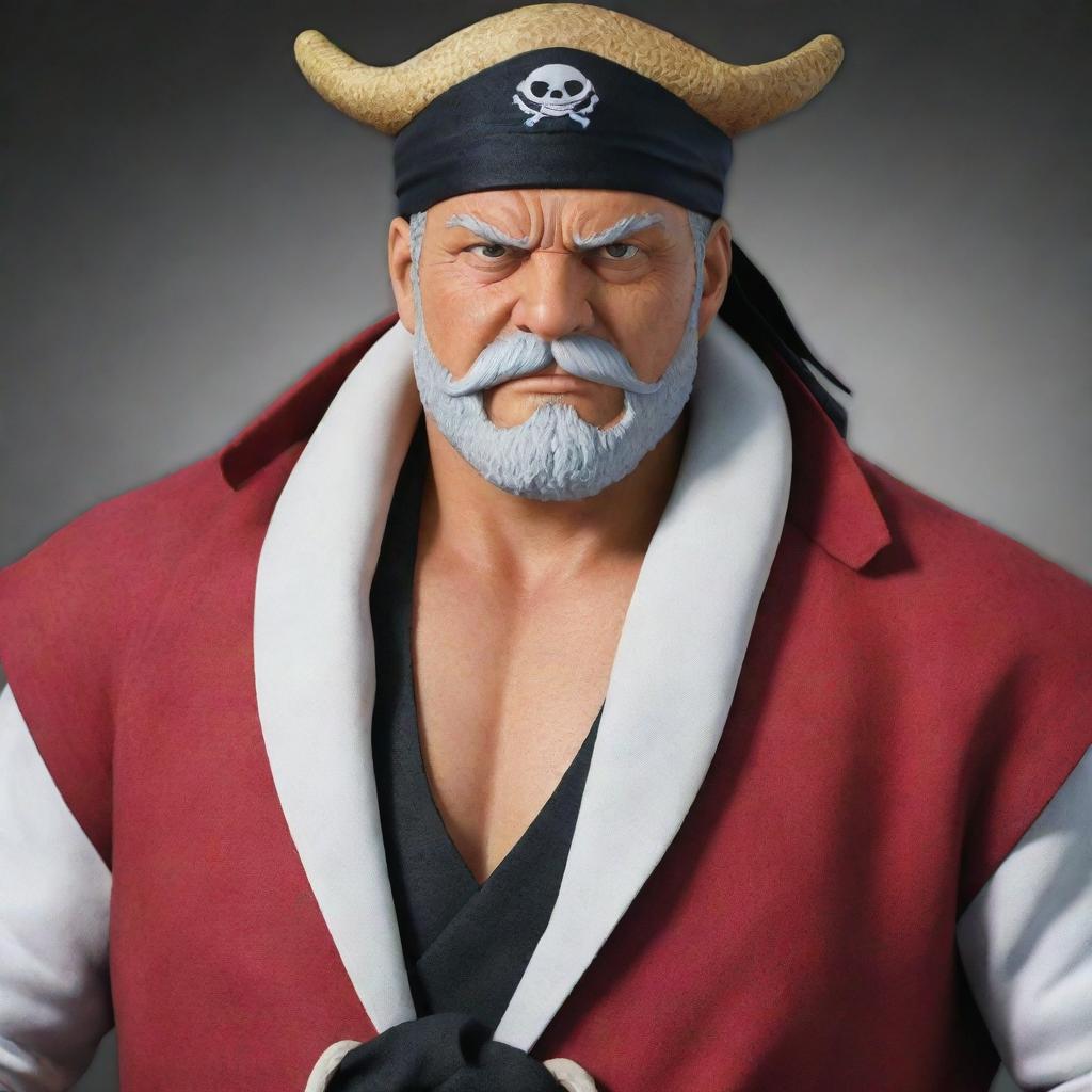 Create an image of Edward Newgate, also known as 'Whitebeard' from One Piece. A very tall old man with a large mustache, wearing a black bandana and a white and red captain's coat.