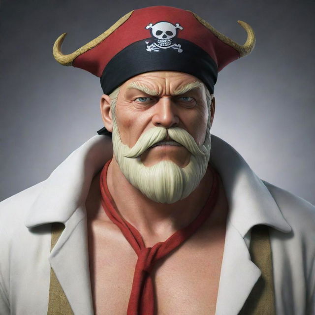 Create an image of Edward Newgate, also known as 'Whitebeard' from One Piece. A very tall old man with a large mustache, wearing a black bandana and a white and red captain's coat.