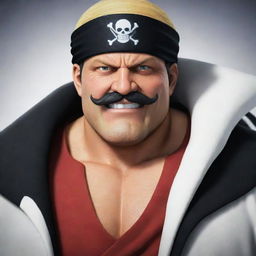 Create an image of Edward Newgate, also known as 'Whitebeard' from One Piece. A very tall old man with a large mustache, wearing a black bandana and a white and red captain's coat.