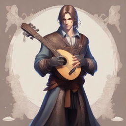 A male human College of Spirits Bard holding a lute that doubles as a firearm