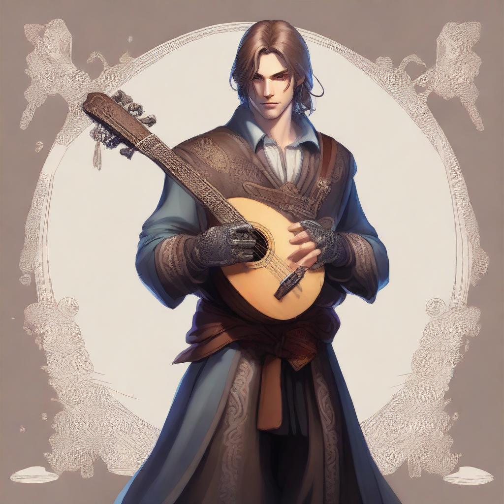 A male human College of Spirits Bard holding a lute that doubles as a firearm