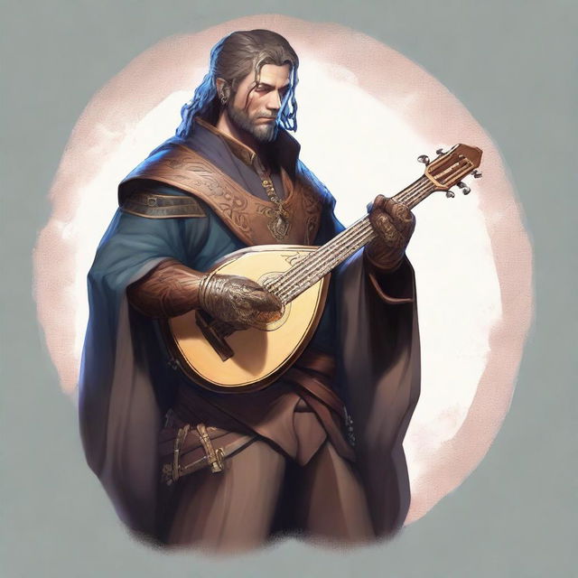 A male human College of Spirits Bard holding a lute that doubles as a firearm