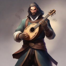 A male human College of Spirits Bard holding a lute that doubles as a firearm